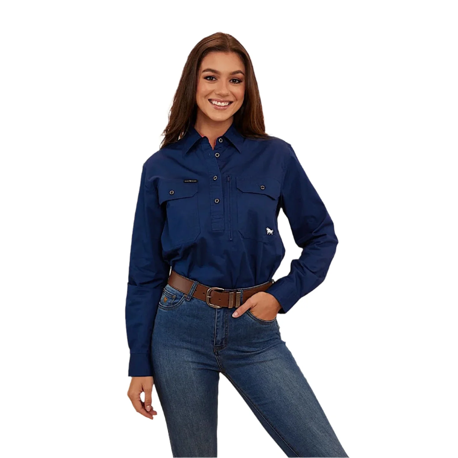 Ringers Western Women's Hereford Half Button Work Shirt - Navy/Melon