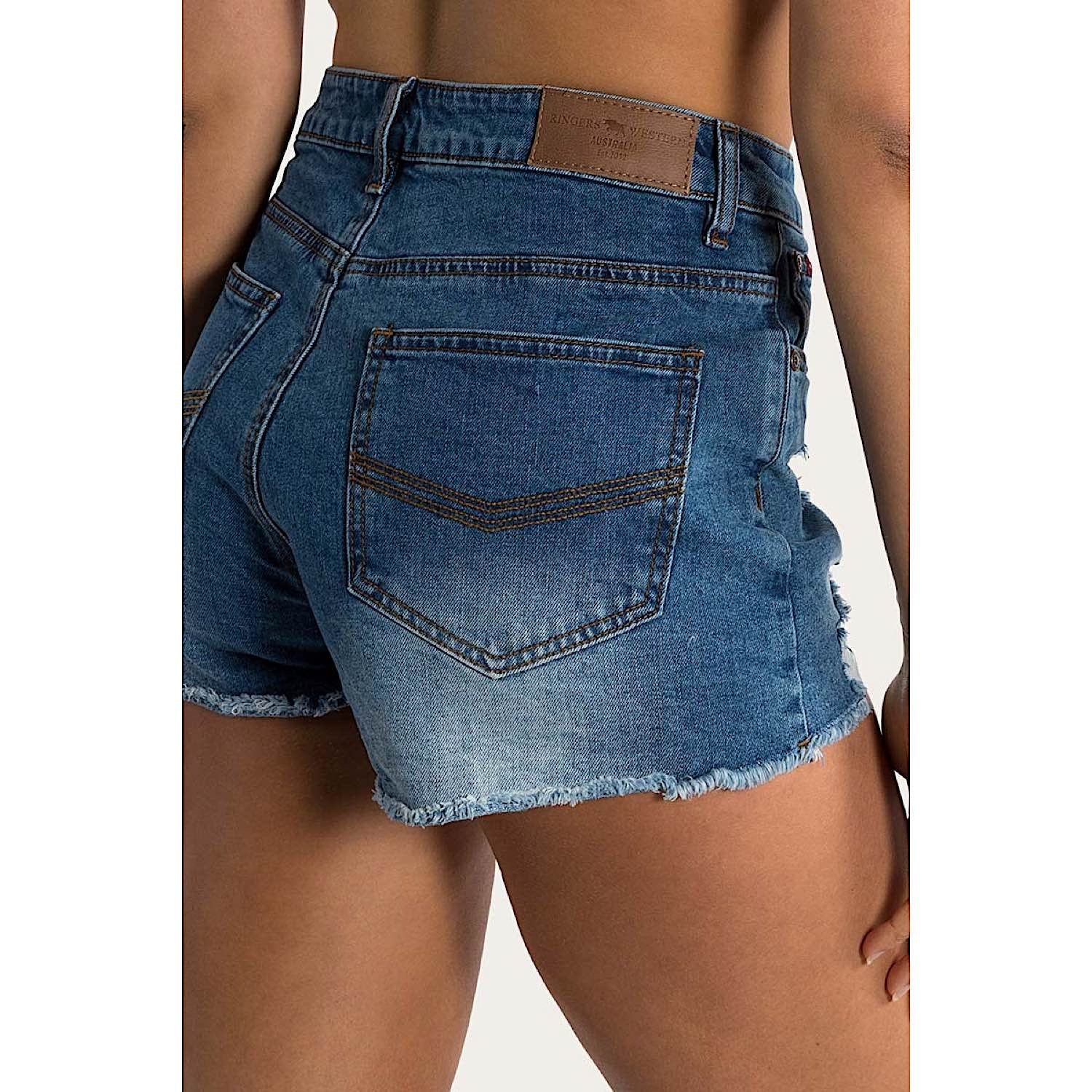 Ringers Western Women's Jessie Mid Rise Ripped Denim Short - True Blue - Image 3