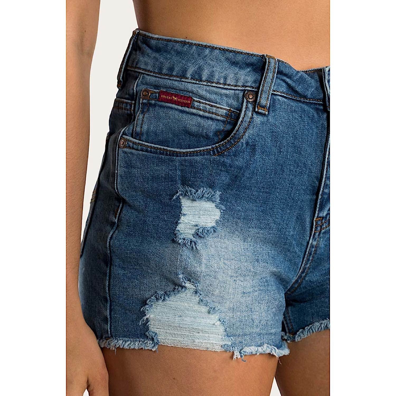 Ringers Western Women's Jessie Mid Rise Ripped Denim Short - True Blue - Image 5