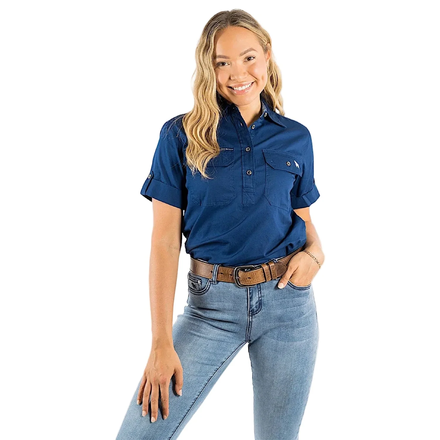 Ringers Western Women's Jules Half Button Short Sleeve Work Shirt - Navy