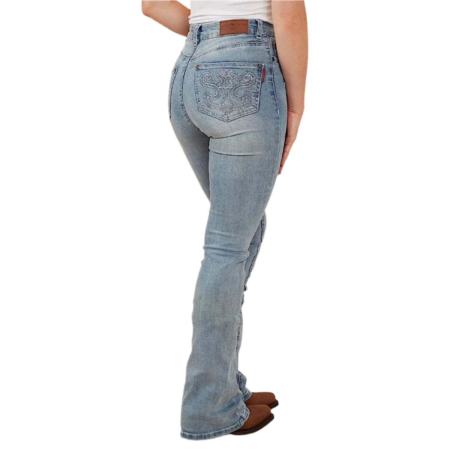 Ringers Western Women's Penny Rodeo High Rise Bootleg Jean - Light Blue Lurex Embroidered Pocket