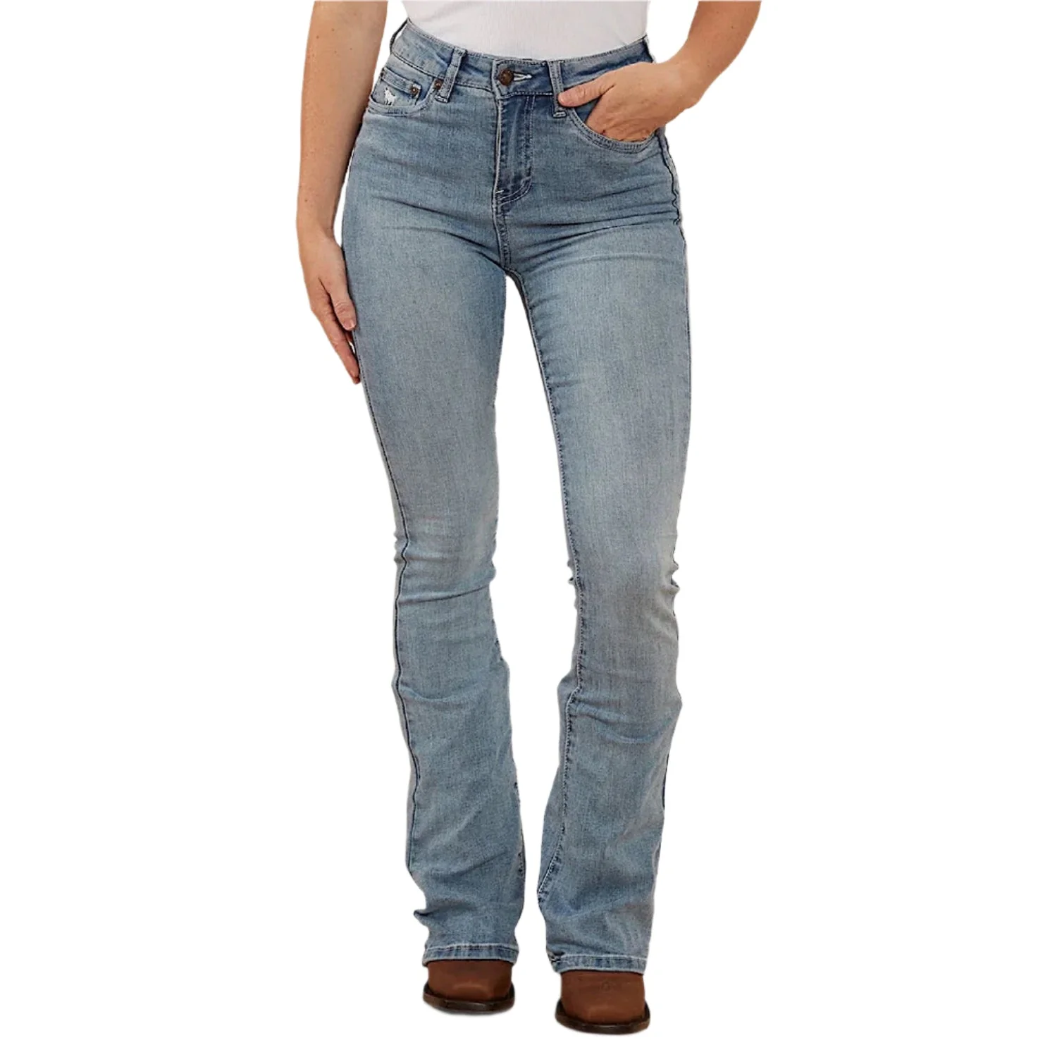 Ringers Western Women's Penny Rodeo High Rise Bootleg Jean - Light Blue Lurex Embroidered Pocket - Image 2