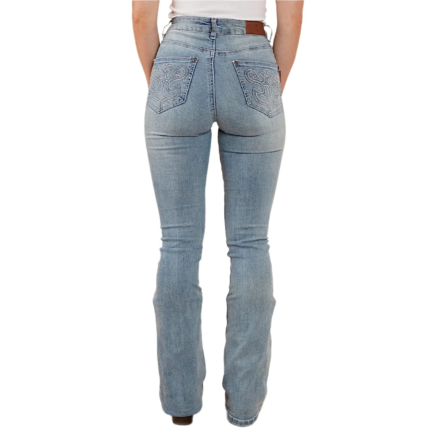 Ringers Western Women's Penny Rodeo High Rise Bootleg Jean - Light Blue Lurex Embroidered Pocket - Image 4