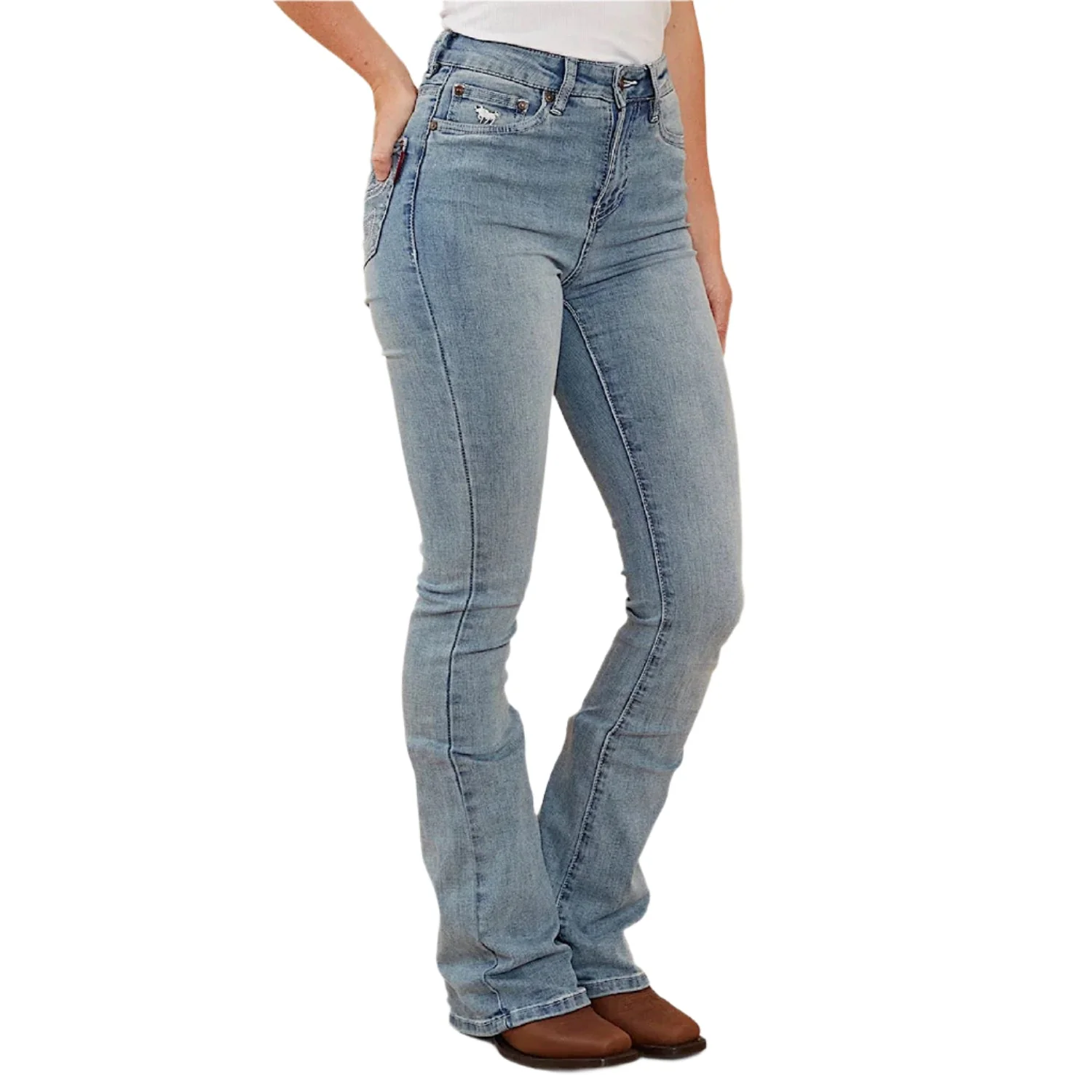 Ringers Western Women's Penny Rodeo High Rise Bootleg Jean - Light Blue Lurex Embroidered Pocket - Image 5