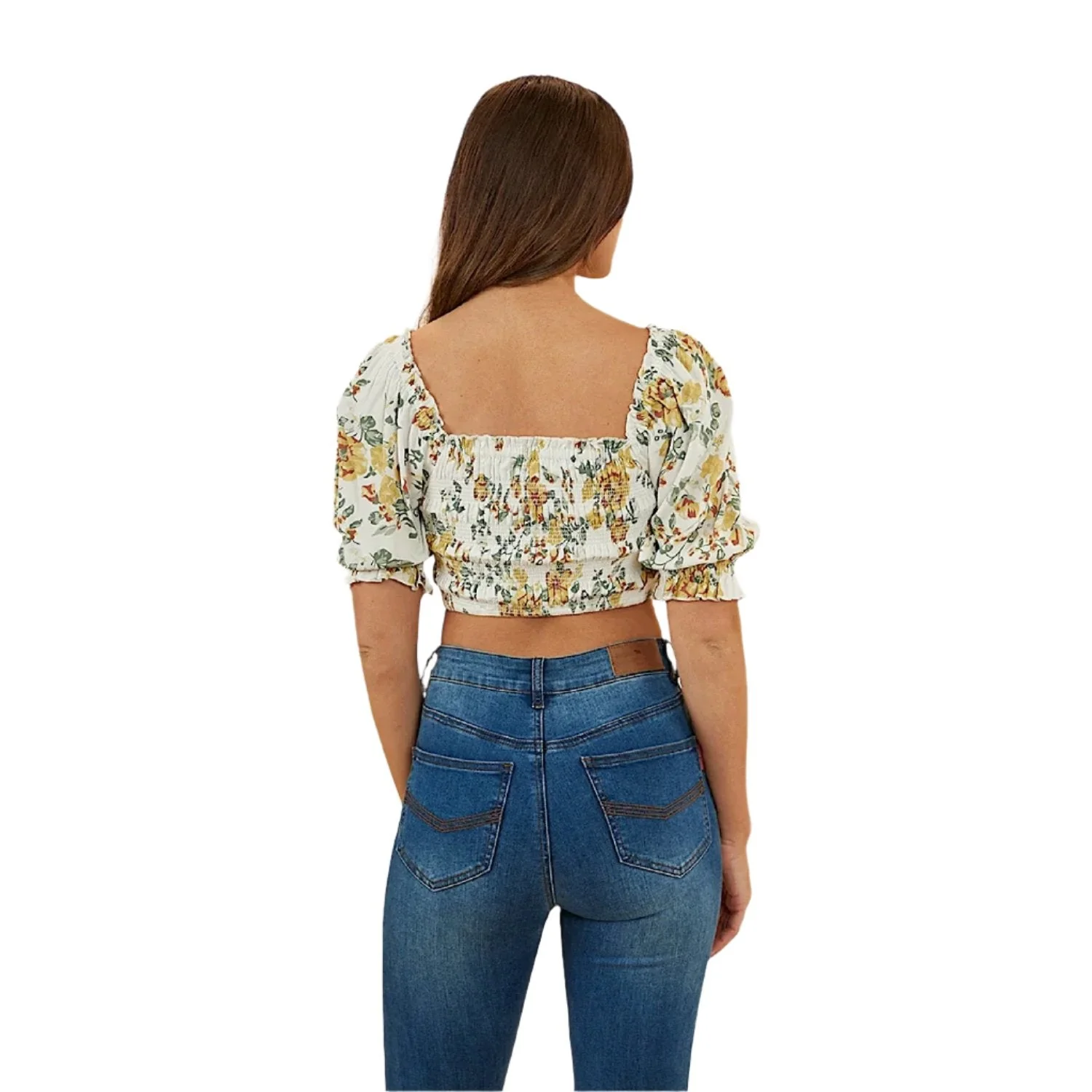 Ringers Western Women's Rosabel Shirred Top - White Yellow Roses - Image 3