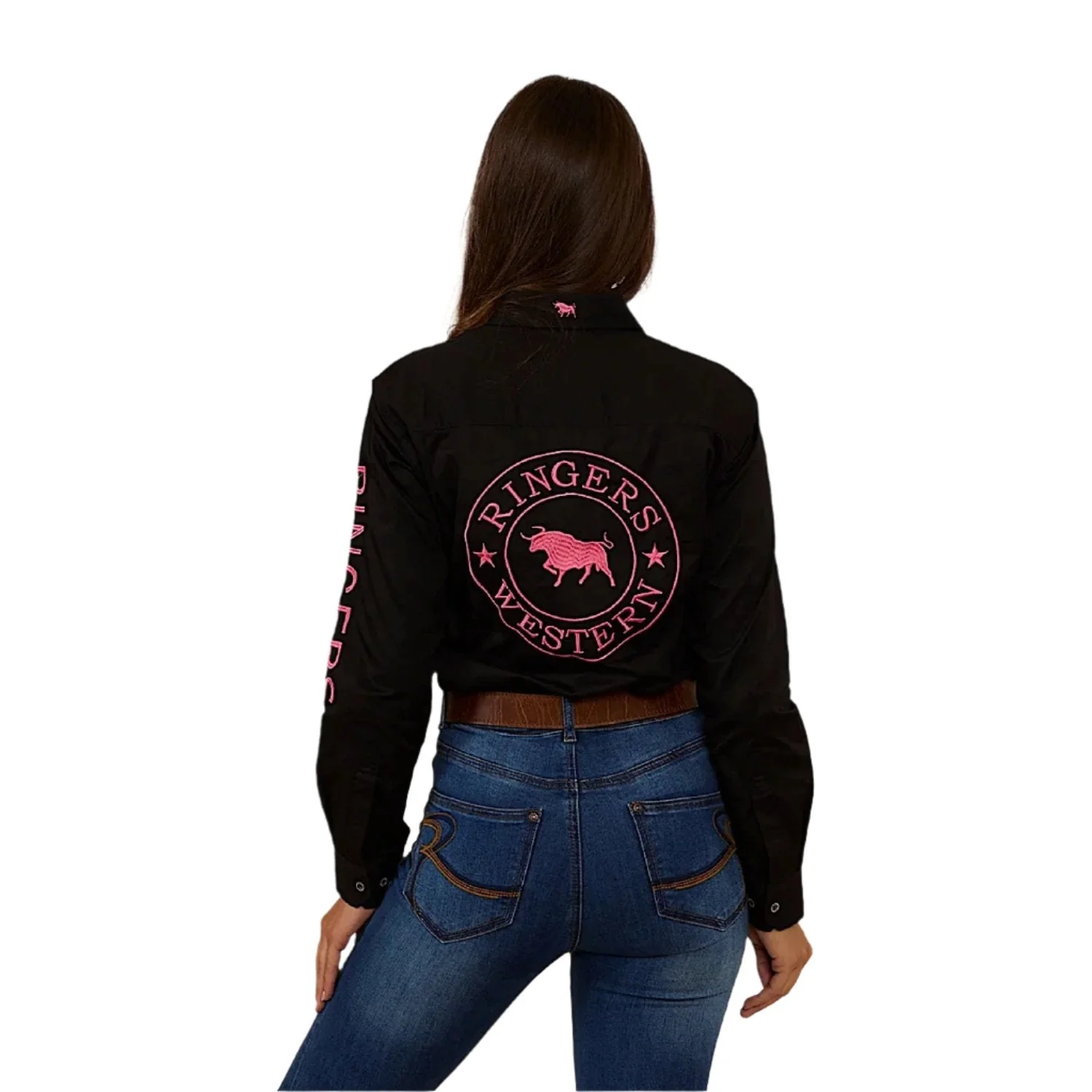 Ringers Western Women's Signature Jillaroo Half Button Work Shirt - Black/Melon - Image 2