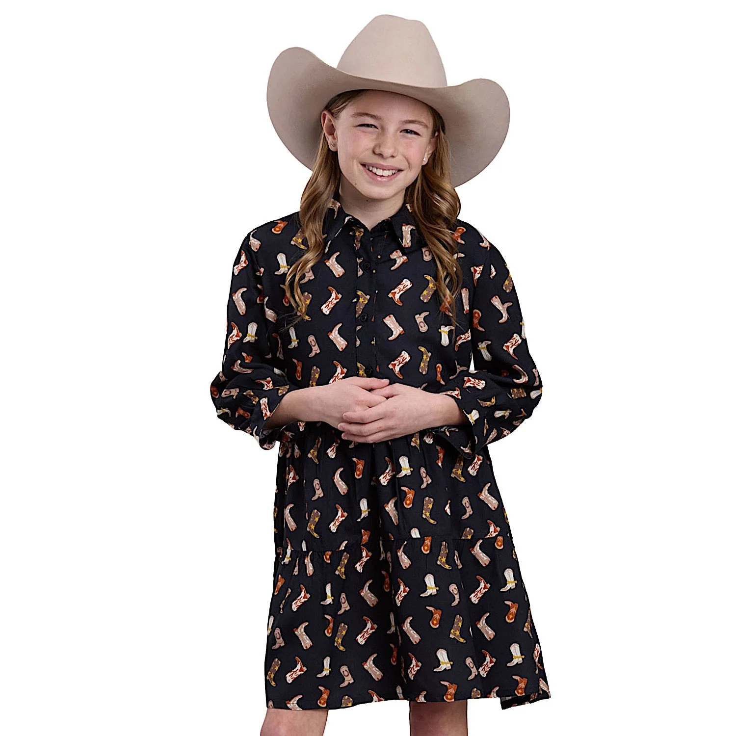 Roper Girl's Five Star Collection Long Sleeve Dress Print - Black