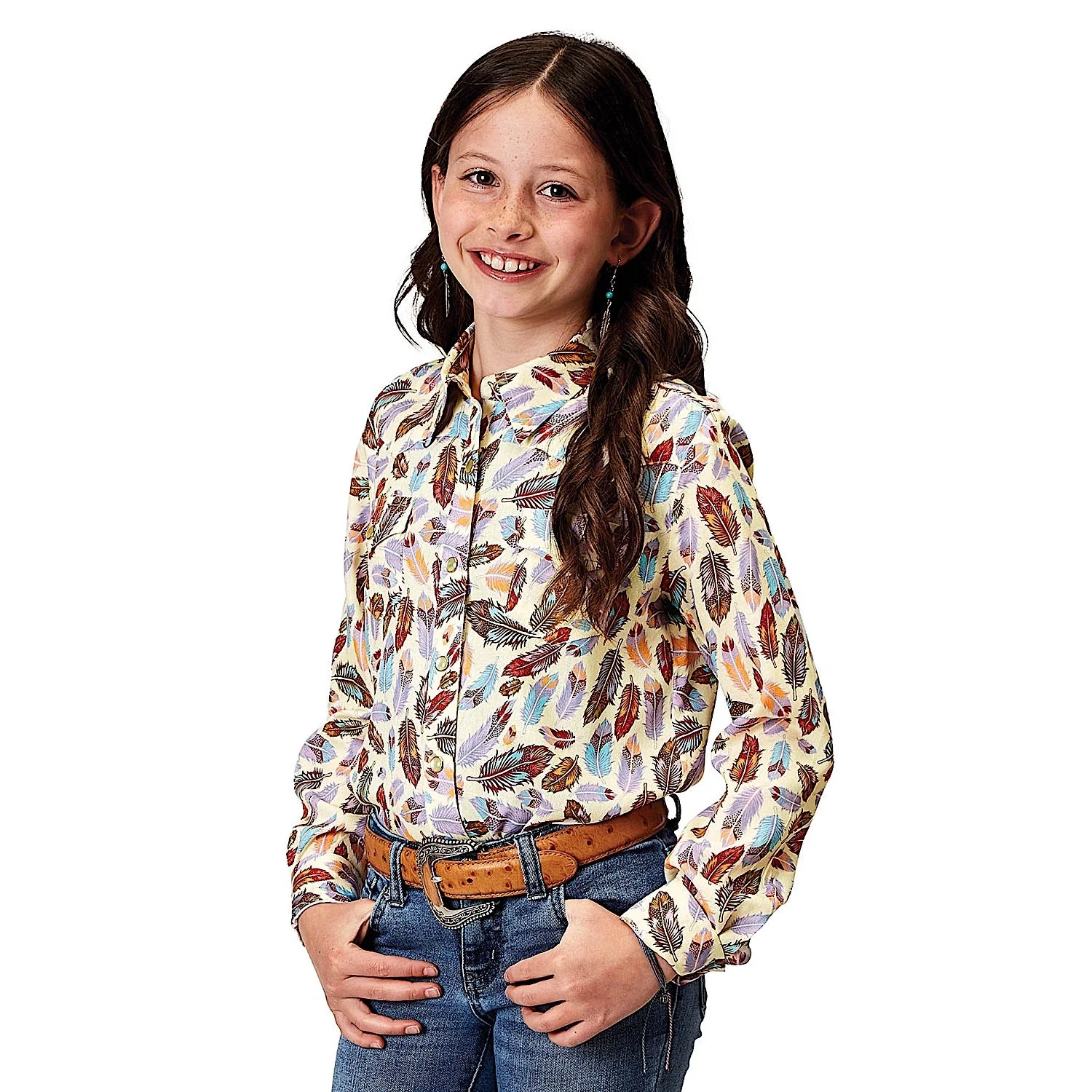 Roper Girl's Five Star Collection Shirt - Feather Toss Print