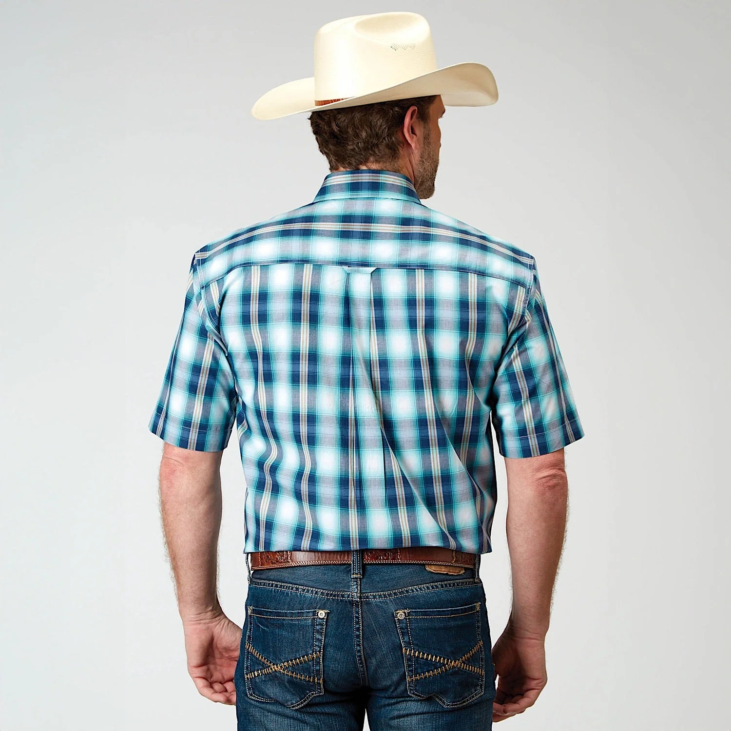Roper Mens Amarillo Collection S/S Shirt Plaid Blue - Image 2