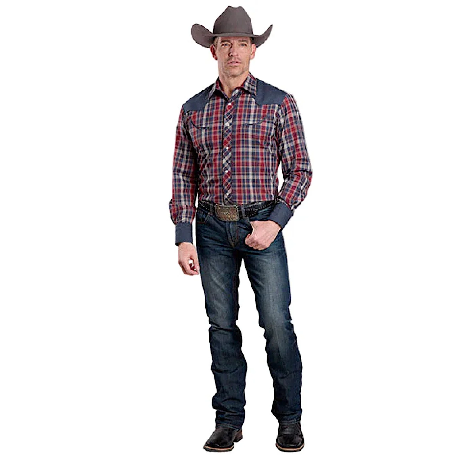 Roper Men's Karman Classics 55/45 Shirt - Plaid Caramel / Wine / Blue - Image 3