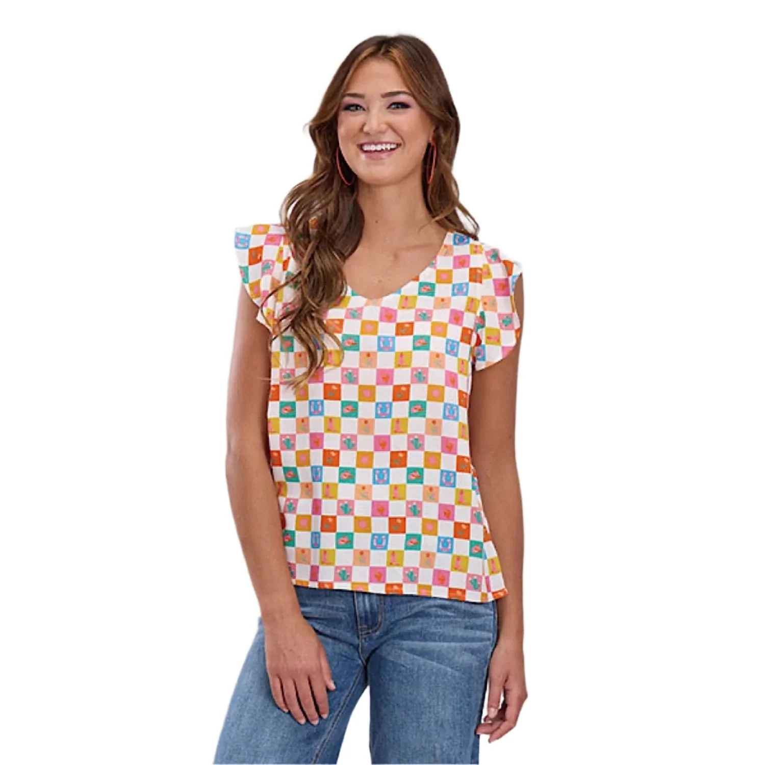 Roper Women's Five Star Collection Short Sleeve Blouse - Print White