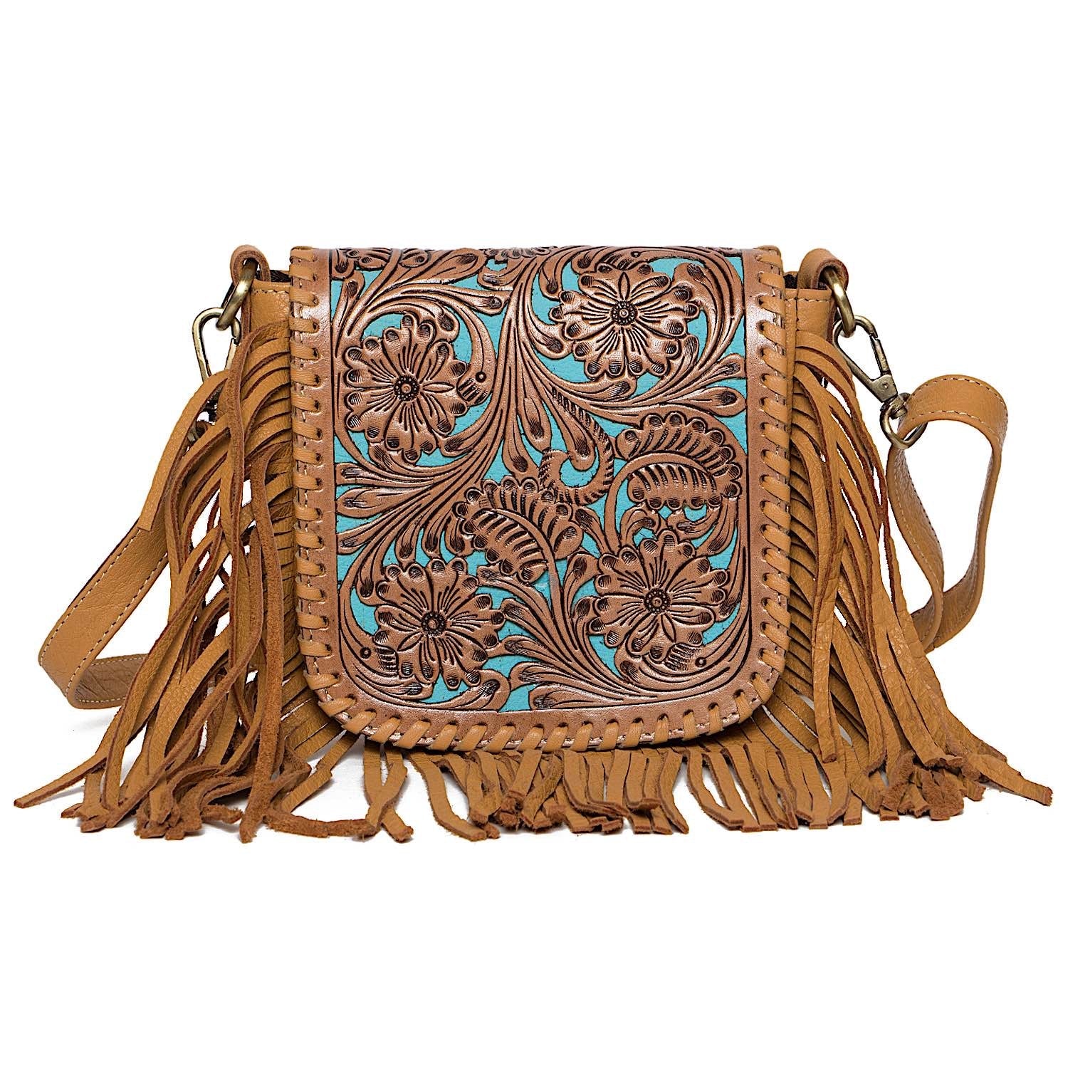 The Design Edge Women's Tooling Leather Sling Bag - Turquoise / Tan
