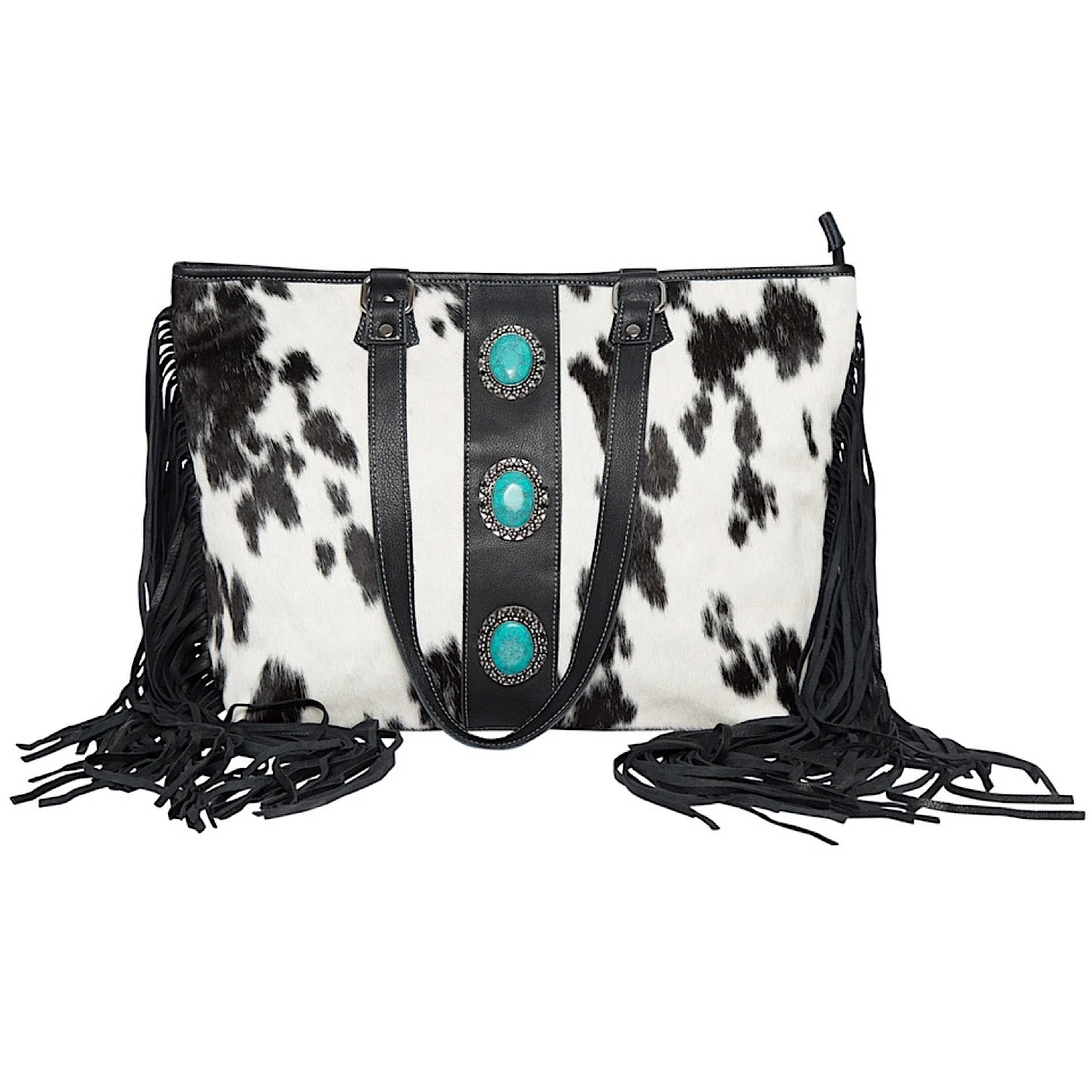 The Design Edge Women's Big Fringed Cowhide Bag Langford - Black & White Hairon