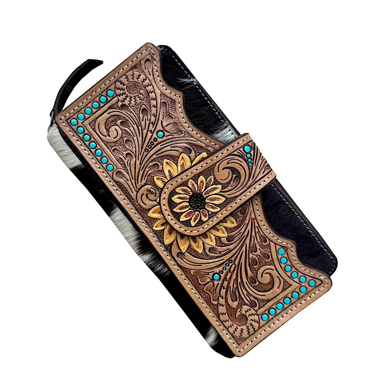 The Design Edge Women's Cowhide Sunflower Tooling Leather Zippered Wallet – Brown