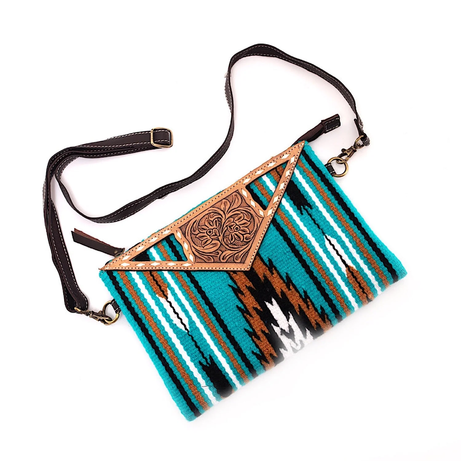 The Design Edge Women's Saddle Blanket Large Bag - Turquoise / Brown Tooled Leather