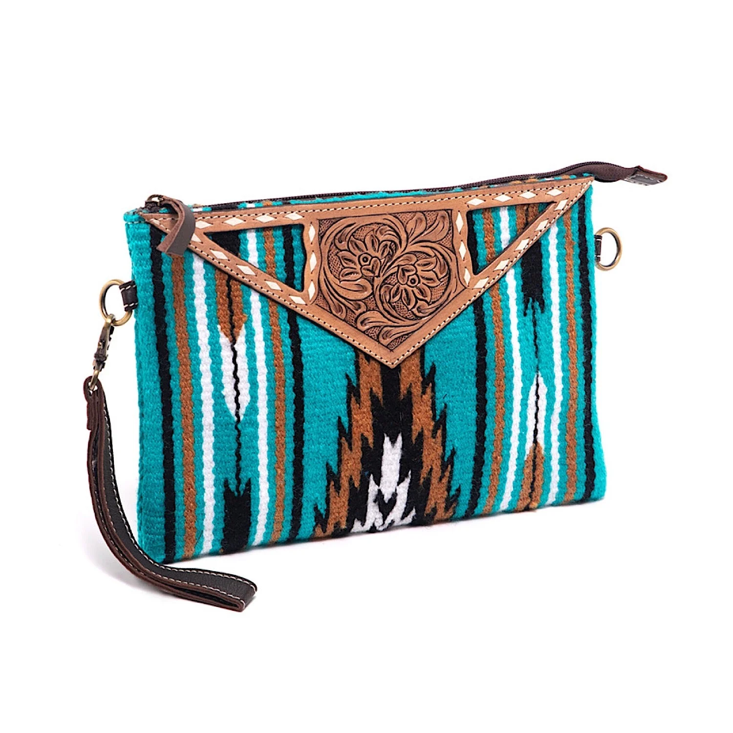 The Design Edge Women's Saddle Blanket Large Bag - Turquoise / Brown Tooled Leather - Image 2
