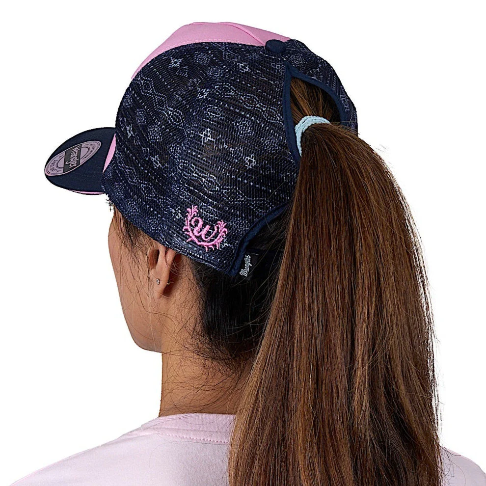 Wrangler Andy High Profile Ponytail Trucker Cap - Navy/Pink - Image 3
