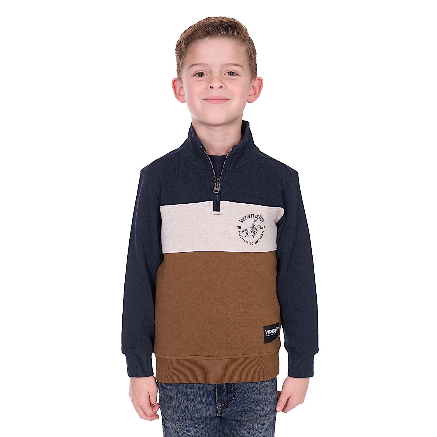 Wrangler Boys Steve 1/4 Zip Pullover - Navy/Tan - Image 2