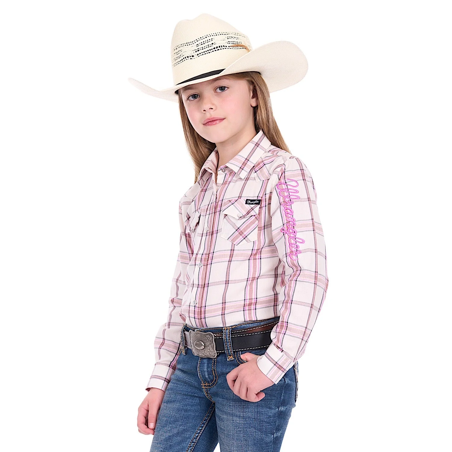 Wrangler Girl's Henley Logo Shirt - Ivory/Pink