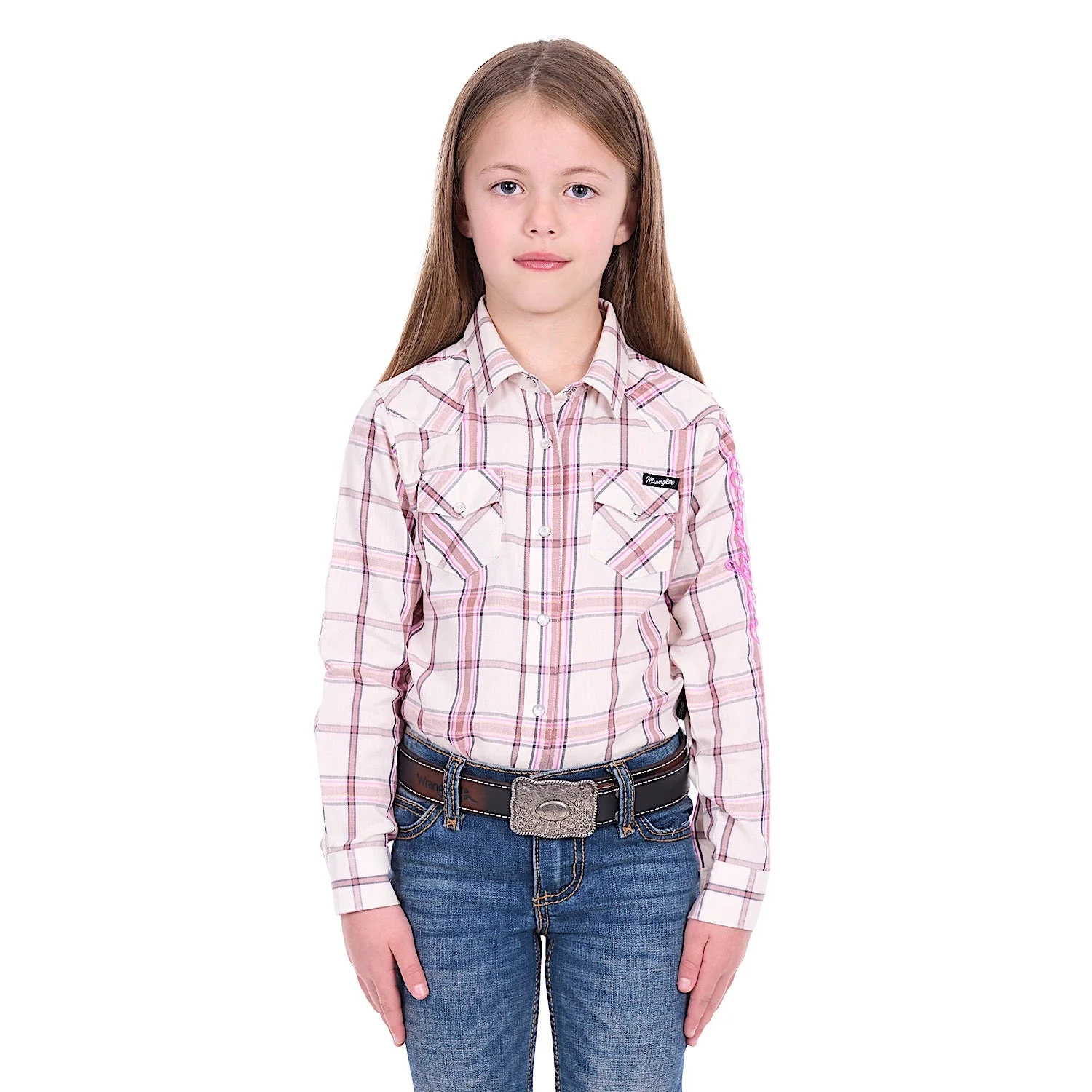Wrangler Girl's Henley Logo Shirt - Ivory/Pink - Image 2
