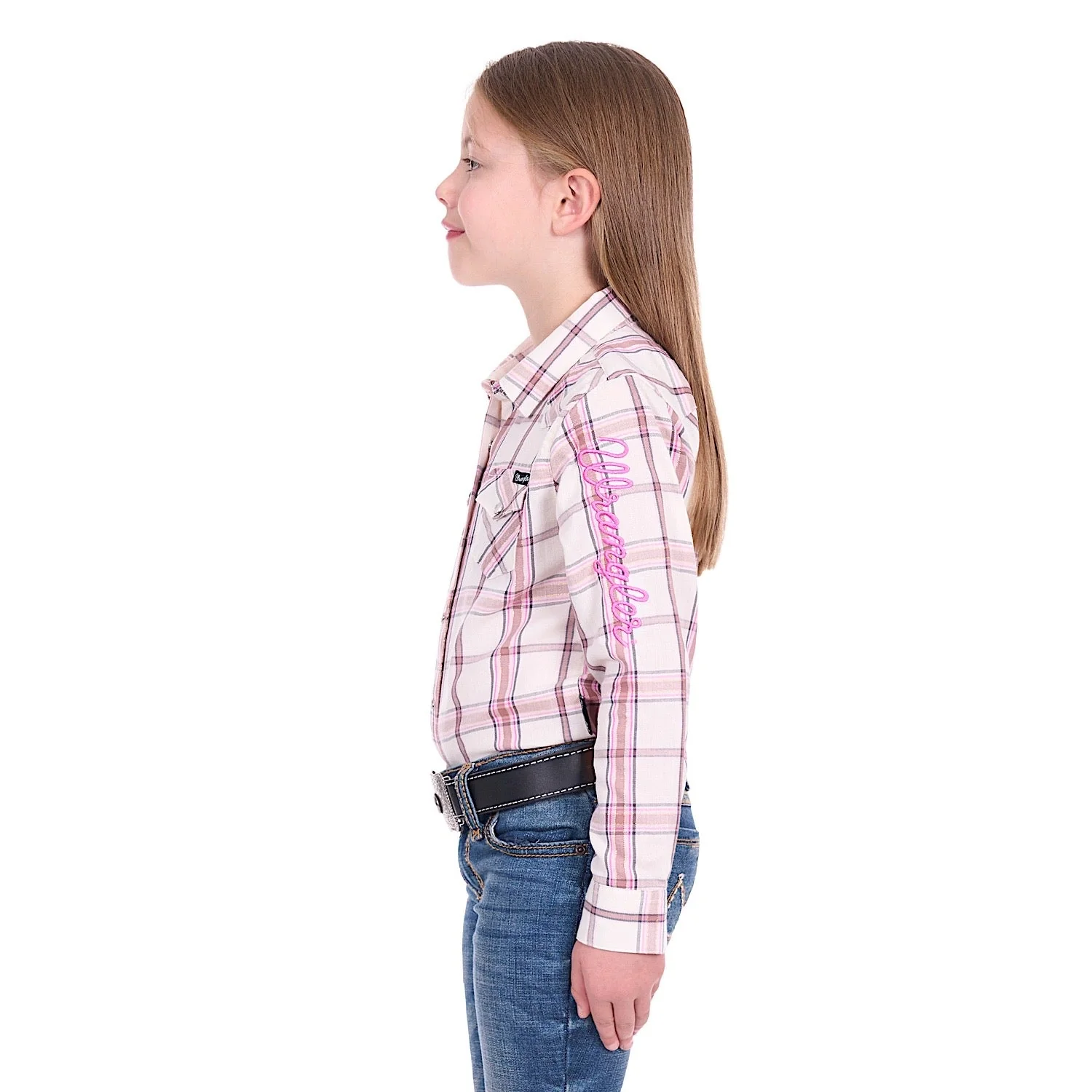 Wrangler Girl's Henley Logo Shirt - Ivory/Pink - Image 3