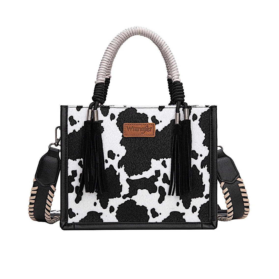 Wrangler Women's Cow Print Tassel Crossbody Bag - Black