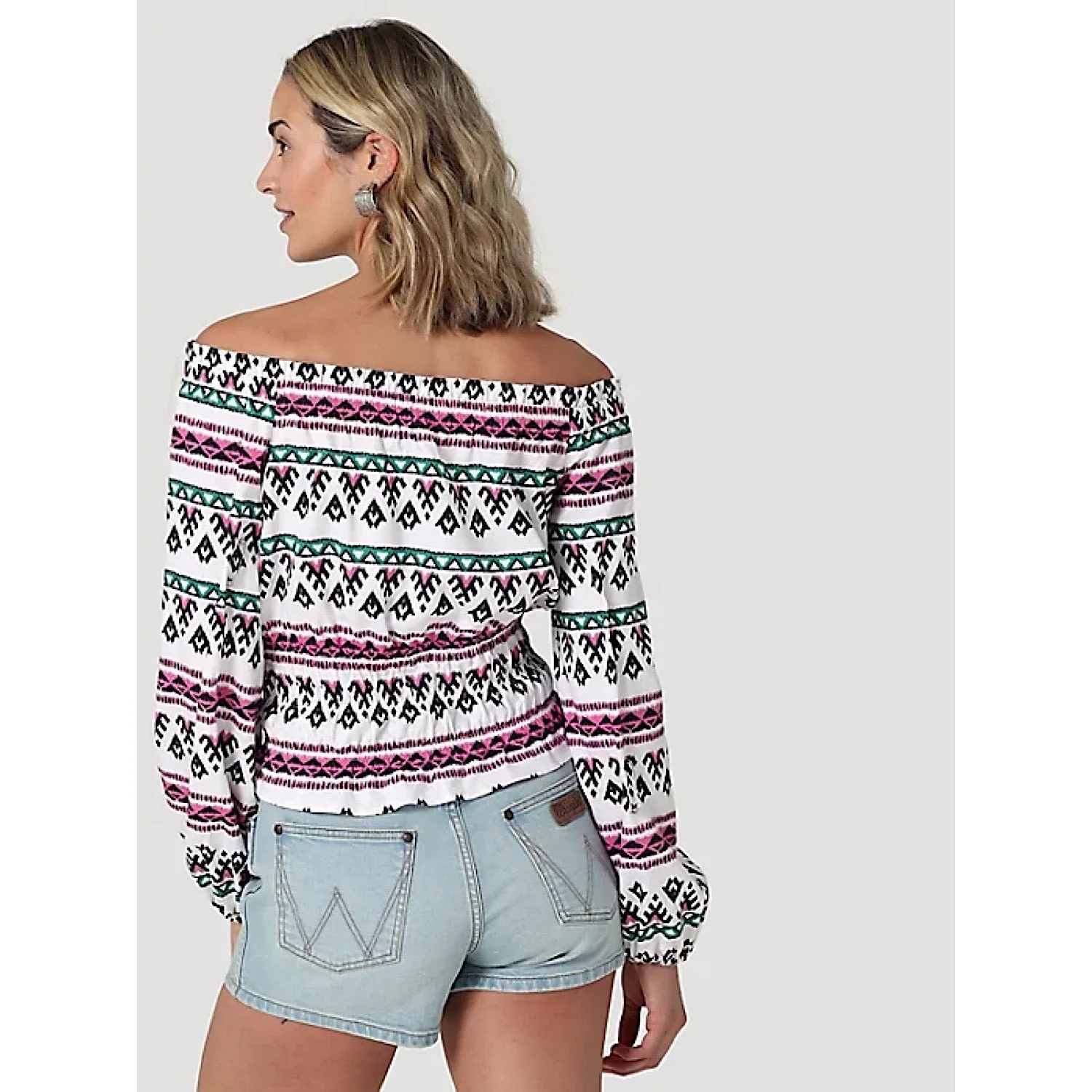 Wrangler Womens off the Shoulder Smocked Top in White Geo - Image 2