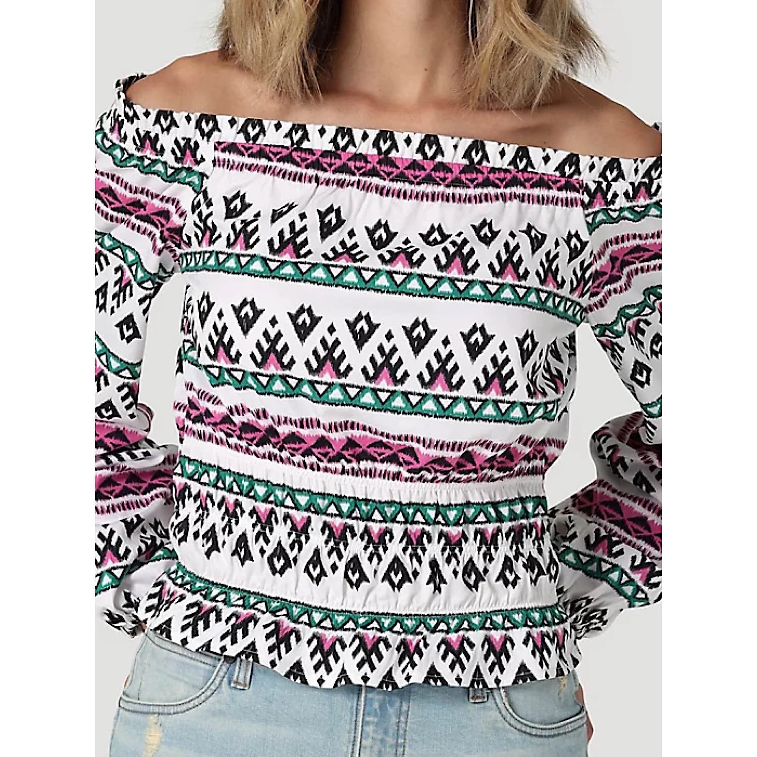 Wrangler Womens off the Shoulder Smocked Top in White Geo - Image 3