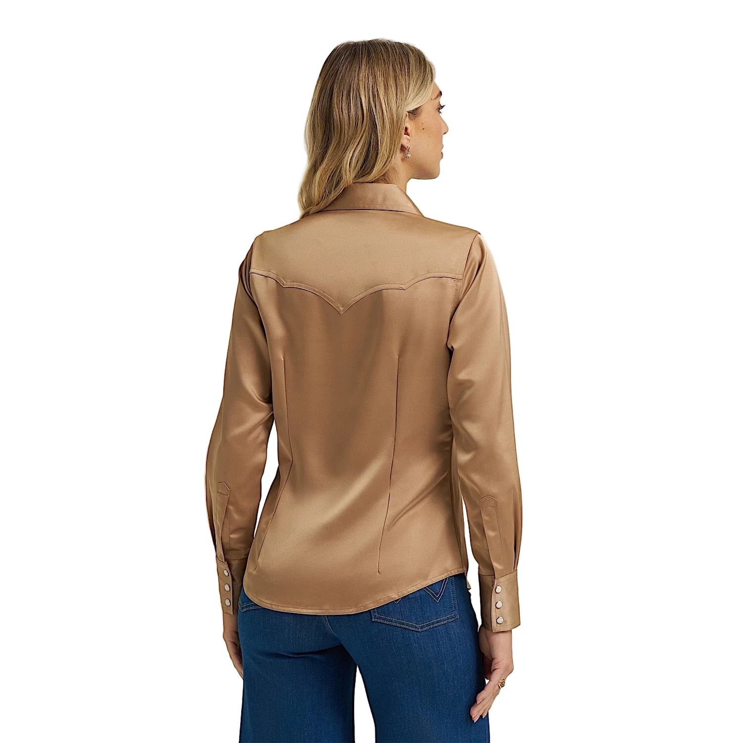 Wrangler X Lainey Wilson Womens Glam Satin Western Snap Shirt - Gold - Image 2